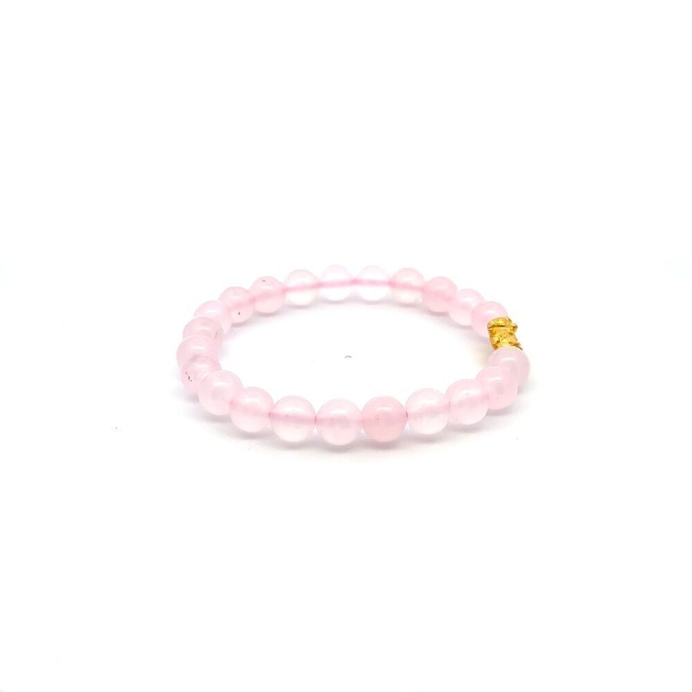24K Gold Piyao Pixiu Lucky Charm Bracelet Gemstones Rose Quartz 8mm S6.75" - Picture 3 of 5